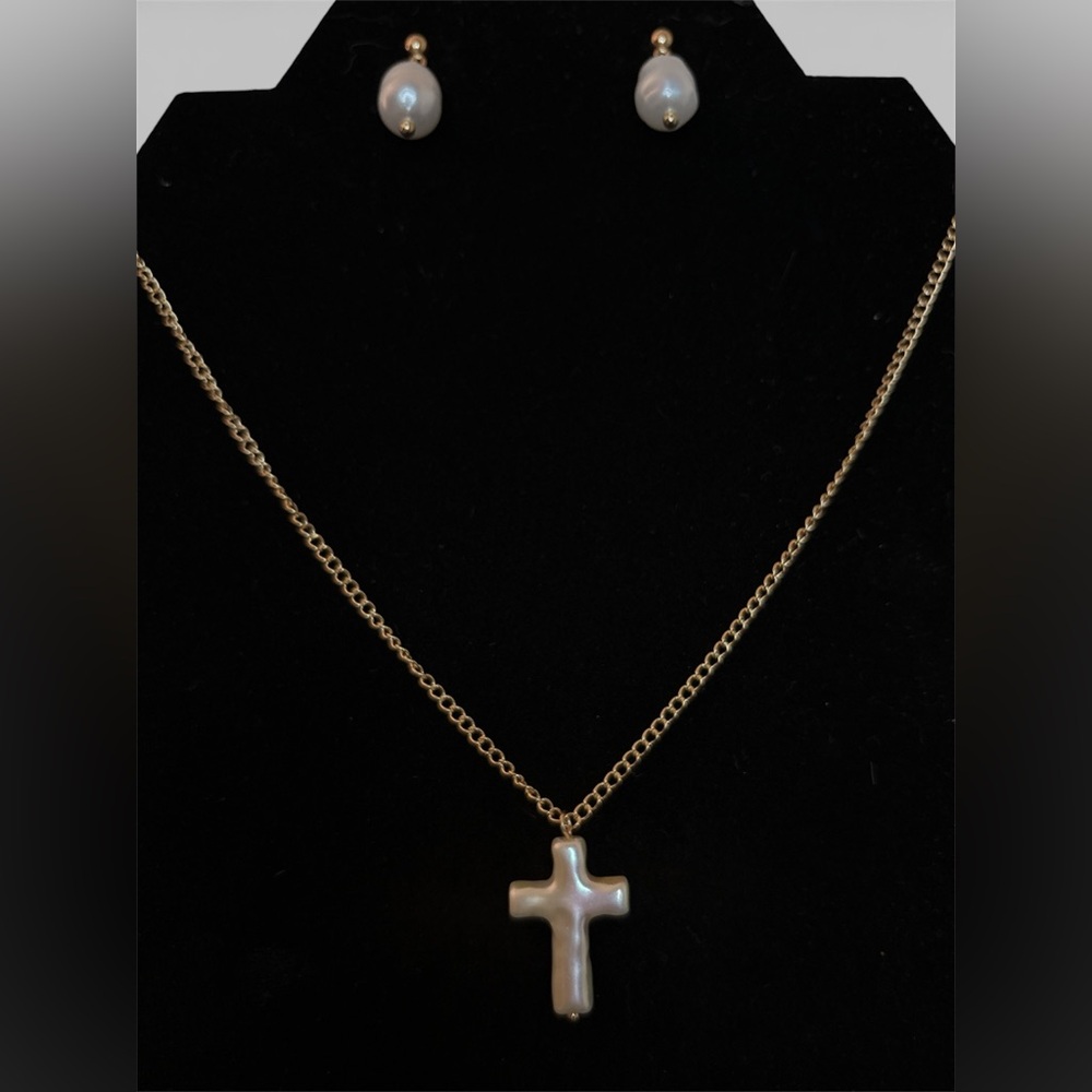 Handmade Faux Pearl Cross Necklace & Earrings Set - Picture 2 of 4